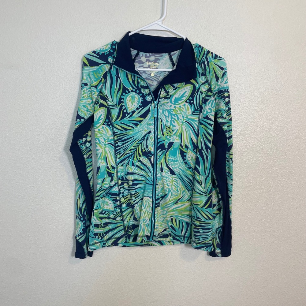 Lilly Pulitzer XS Luxletic Zip Up‎ Jacket Birds Tropical Print Navy Blue